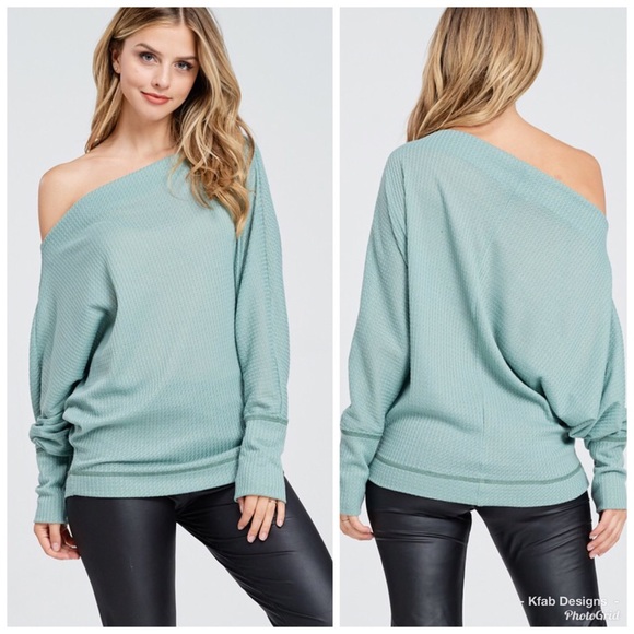 🛍LAST 1! Waffle Knit Off Shoulder Dolman Top - Picture 2 of 6